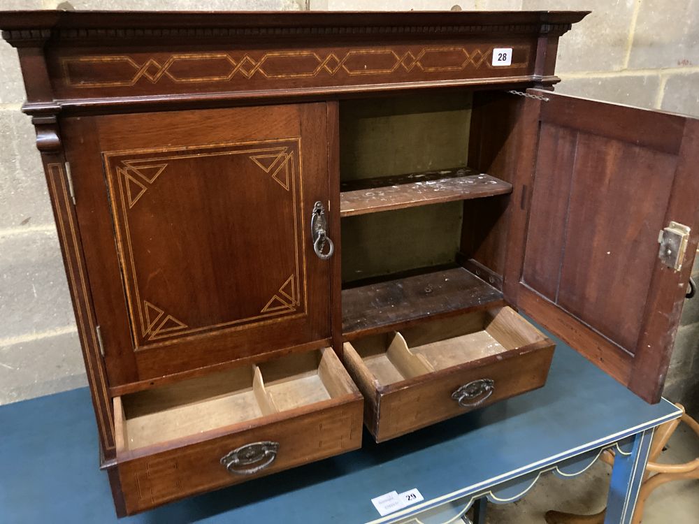 An Edwardian inlaid mahogany two door wall cabinet, width 72cm, depth 22cm, height 65cm